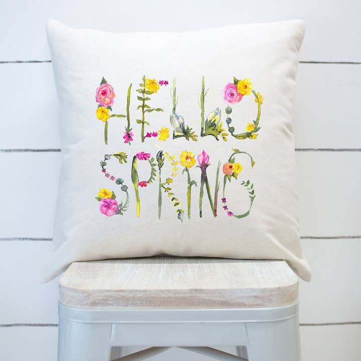 Hello Spring Watercolor Flowers Pillow Cover Spring for wholesale by Rising Tide Vintage