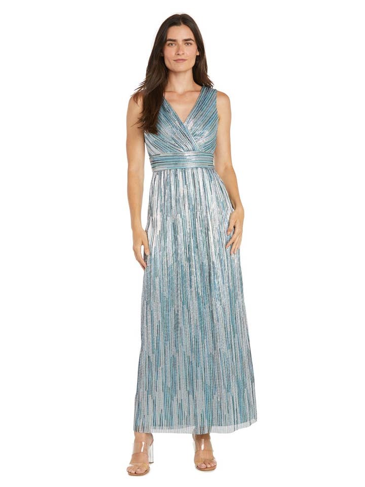 SLATE R&M Richards Metallic Pleated Gown with Sheer Drape Jacket for wholesale on Faire2