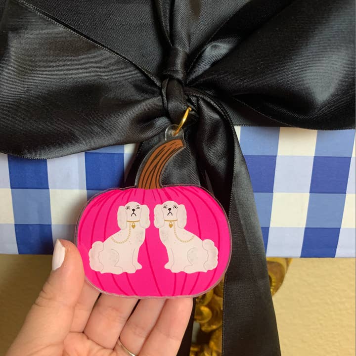 Pink Pumpkin with White Staffordshire Dogs Gift Tag for wholesale by Stylin Brunette & Troop Mahjong