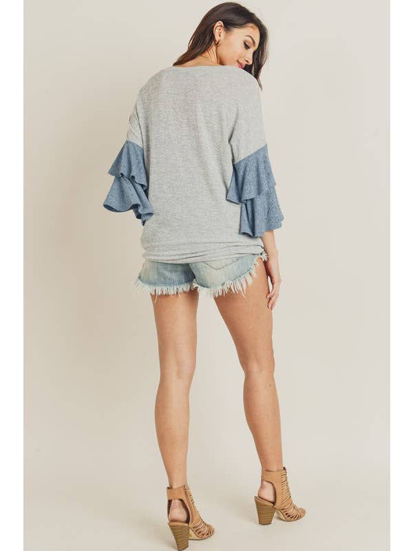 Grey Denim Tiered Bell Sleeve Color Block Top - 11384t for wholesale on Faire