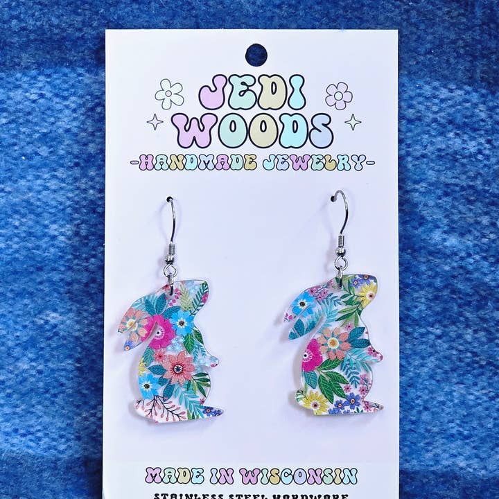 Springtime Floral Bunny Earrings for wholesale by Jedi Woods LLC