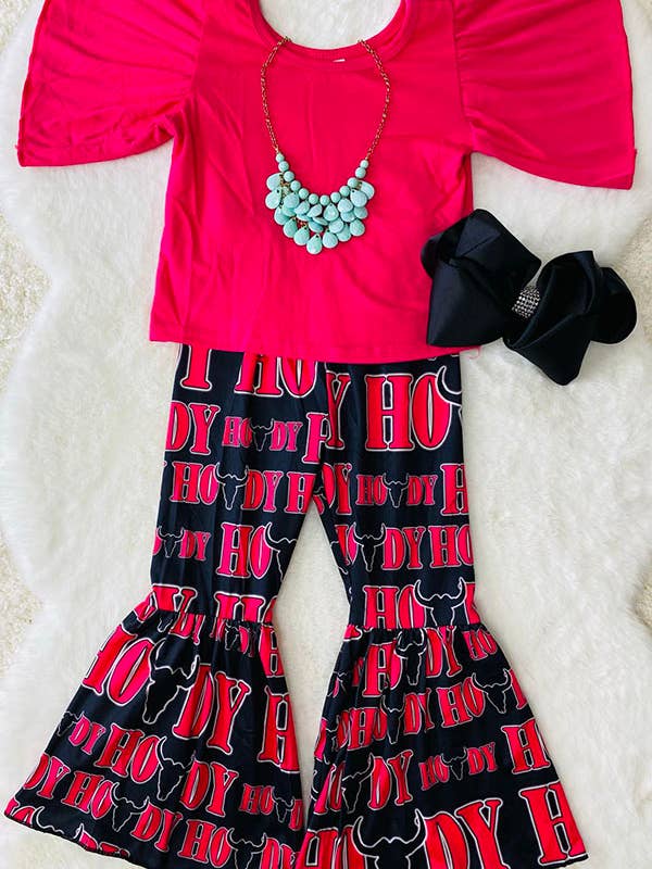 "HOWDY" hot pink & black 2pc girls set 1173WY for wholesale by luluclothes