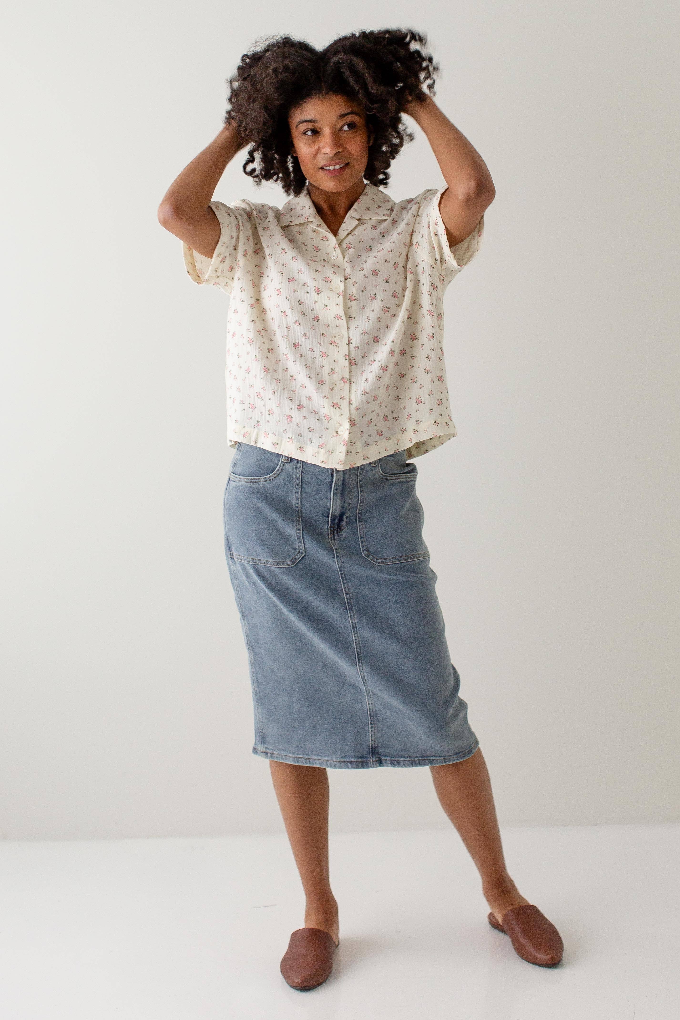 Vintage-Waschung 'Sonya' Jeansrock mit aufgesetzten Taschen und Stretch für den Großhandel auf Faire14