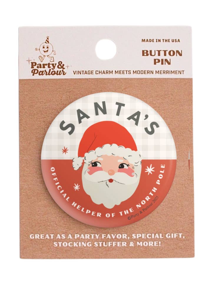 Santa's Helper Retro Christmas Style Button Pin for wholesale by Party & Parlour