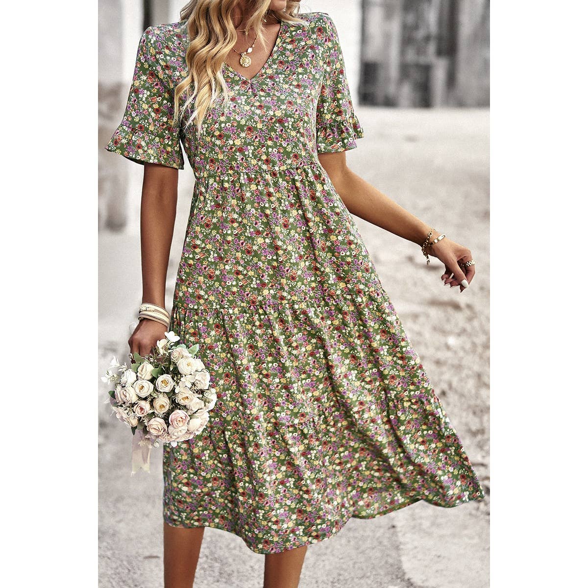 Supreme Fashion – wholesale Dress – Women's – Boho Floral Ruffle Hem V Neck Short Sleeve Dress19