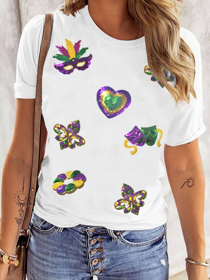 Sequined Mardi Gras Symbolic Pattern Casual Tee for wholesale by 1 the Woman
