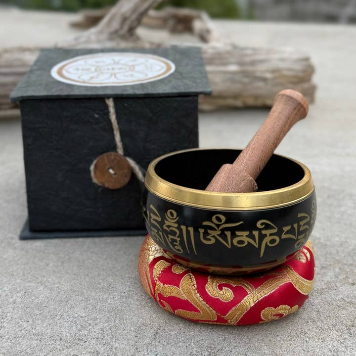 Lungta Imports - Wholesale Meditation Supplies - Tibetan Complete Singing Bowl Gift Box Set with OM Mani Padme Hum Etched Bowl1