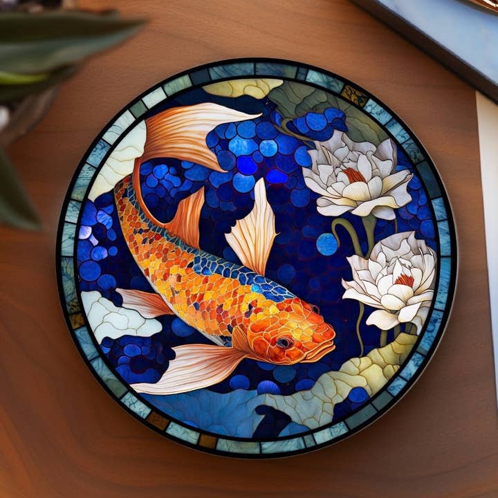 Fernville Creations - Vente Sous-verre - Sous-verres en céramique Koi et poisson rouge en vitrail pour décoration intérieure0