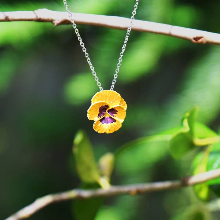 Pansy Yellow Flower Pendant Necklace for wholesale by Alexander Thurlow & Co Ltd