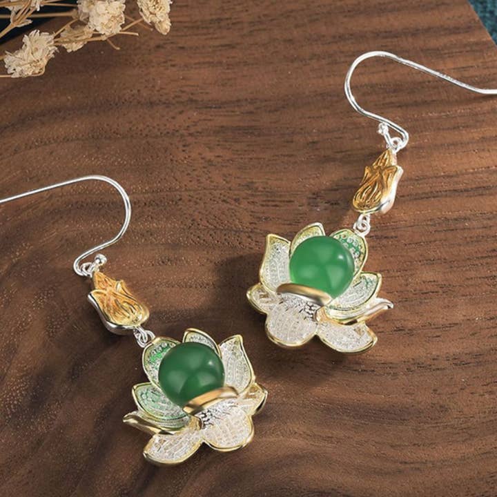 Bright MacMing - Wholesale Dangle Earrings - Silver and Jade Lotus Earrings4