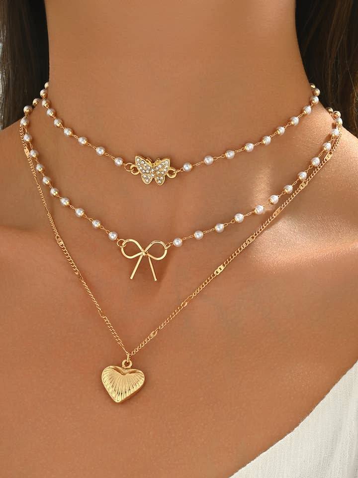 Bow Butterfly Charm 3pcs Pearl Embellished Necklace Set for wholesale by 1 the Woman