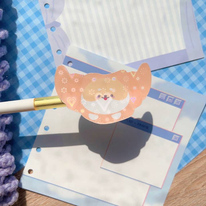 Cute Croissant Shiba Holographic Waterproof Sticker for wholesale by Bwread Shop