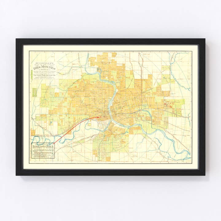 Vintage Map of Des Moines, Iowa 1910 for wholesale by Ted's Vintage Art