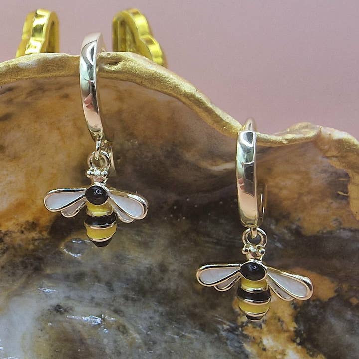 Pretty Bumble Bee Drop Hoop Earrings Pierced Silver Colour for wholesale by Bee my Oyster