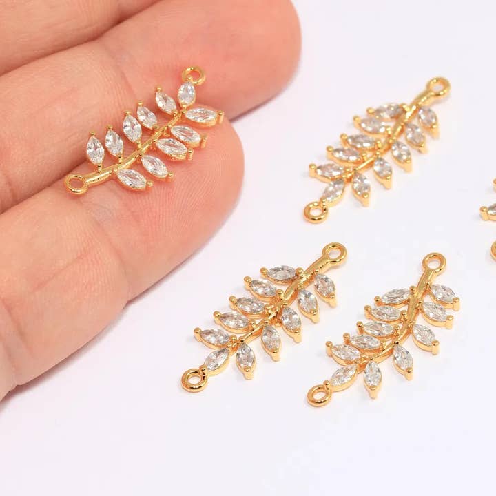 QueenJewelryM - Wholesale Individual Charm/Pendant - 10x20mm 24k Shiny Gold CZ Baguette Stone Leaf Charm, ZRCN7510