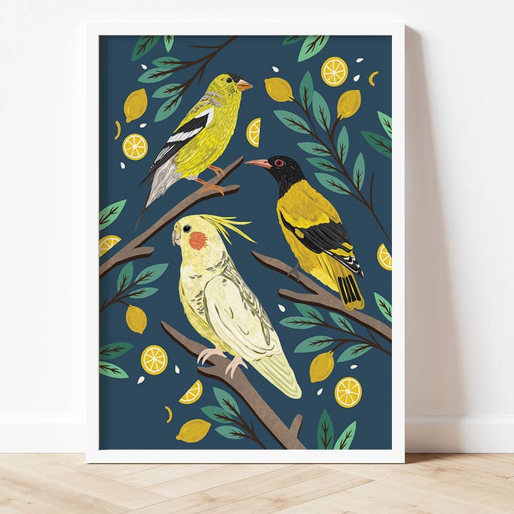 Gula fåglar & citroner Tryck för wholesale av Bea Baranowska Illustration