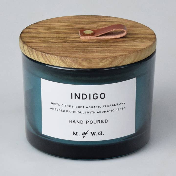 Indigo Double Wick Jar/Filled Candle with Wood Lid for wholesale by Makers of Wax Goods
