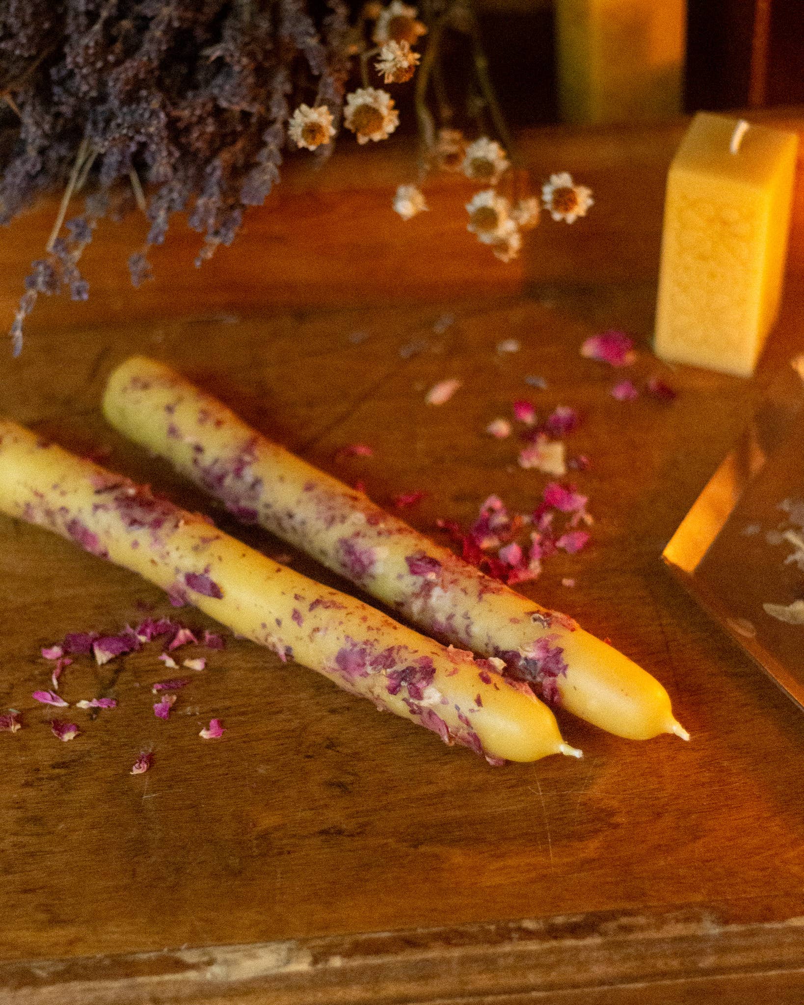 The Ramblin' Bee - Wholesale Tapered Candle/Candlestick - Hand Dipped Beeswax Taper Candle with Rose Petals3