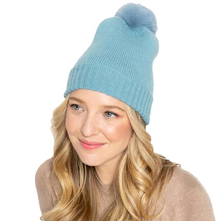 Solid Strik Beanie Hat Med Imiteret Pels Pom for engroshandel hos Shopping2help
