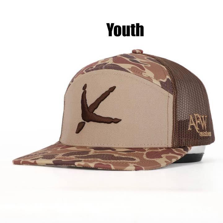 Youth 7 Panel Old School Camo 3 D Puff Turkey Tracks w Brown Mesh for wholesale by American Flyway Waterfowl