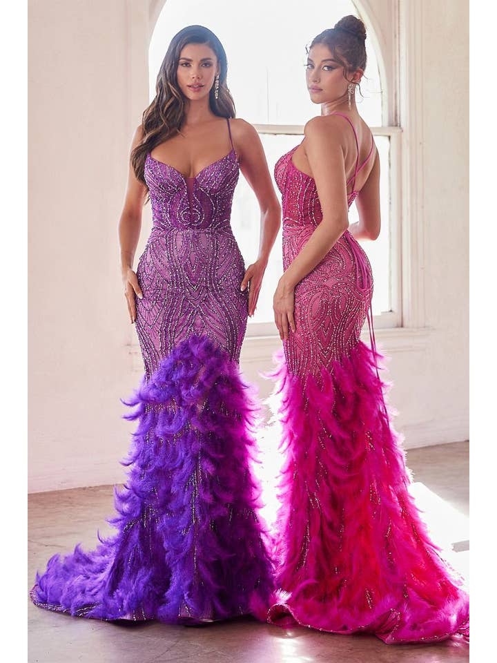 Tux-USA® - Wholesale Gown - Women's - Fully Embellished & Feathered Mermaid Gown