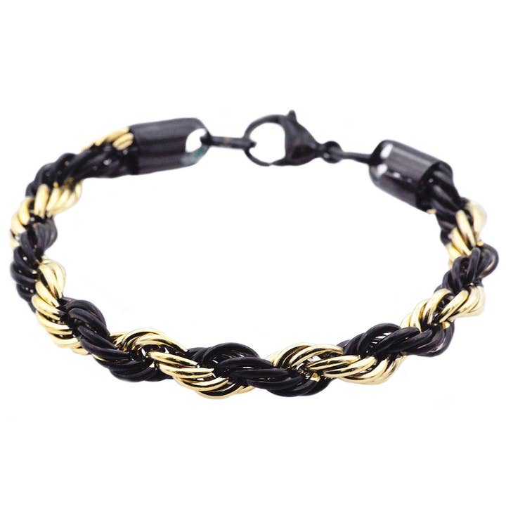 Men's Gold And Black Stainless Steel Rope Chain Bracelet for wholesale by Blackjack Mens Jewelry