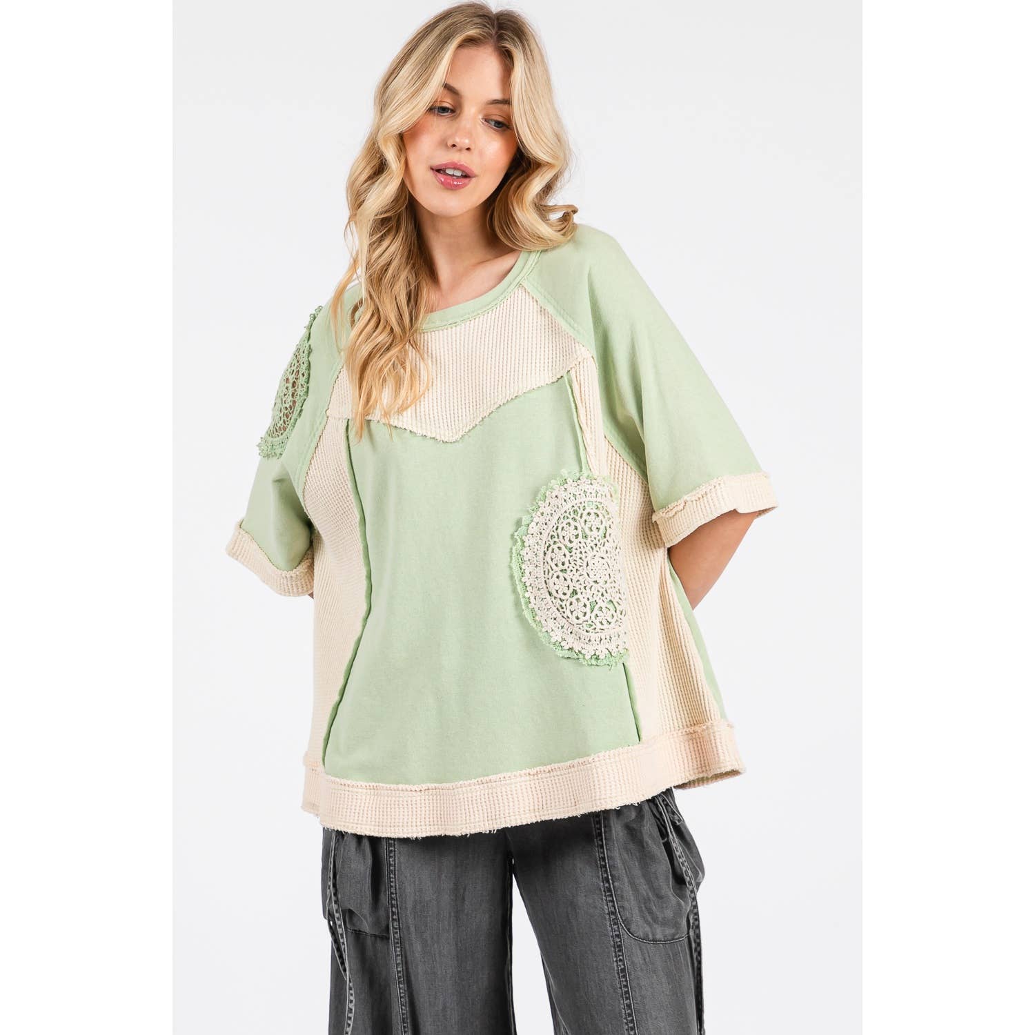 Sage VINTAGE CROCHET PATCHWORK TOP (ST7715) for wholesale on Faire3