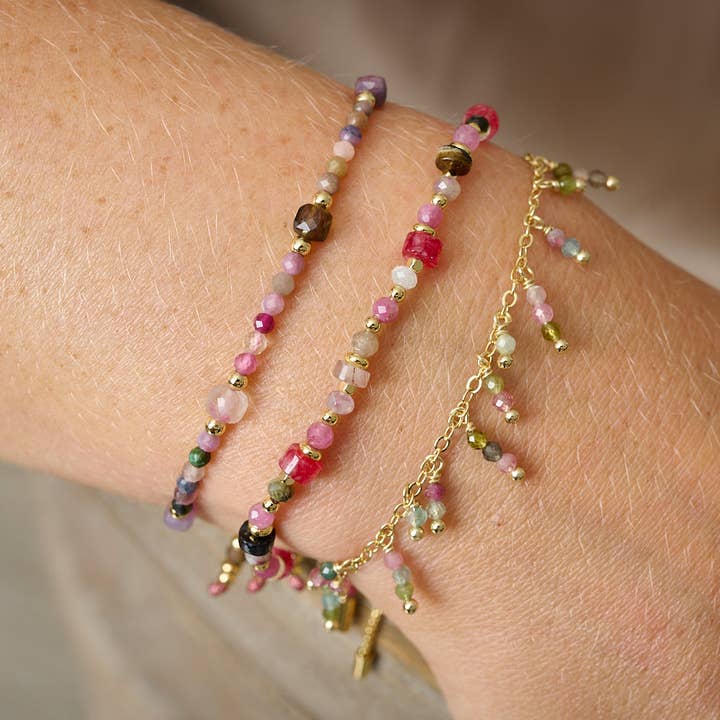 Zelda Gold & Tourmaline Gemstone Beaded Bracelet Stack for wholesale by Boho Betty