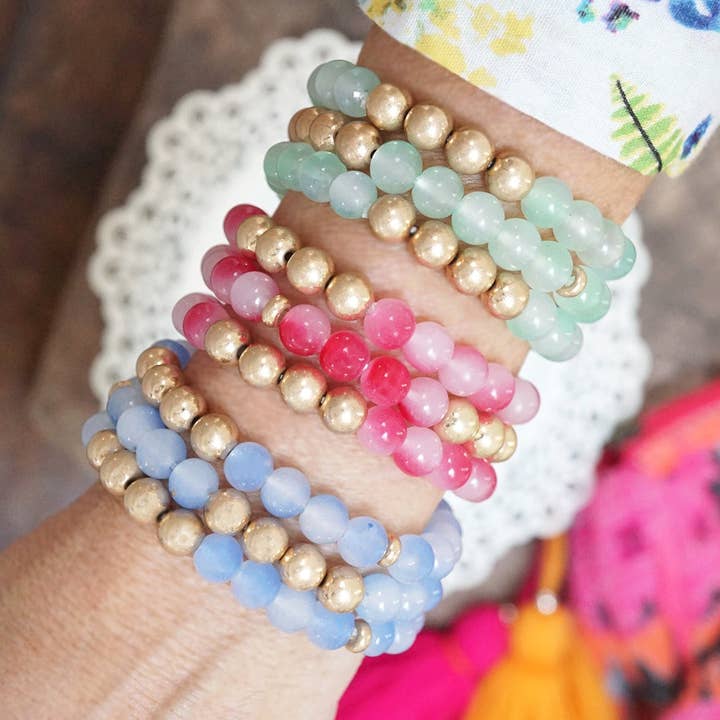PennyLine inc - Wholesale Beaded Bracelet - Worn gold tone and glass beads bracelets stack Hot Pink Blue Green