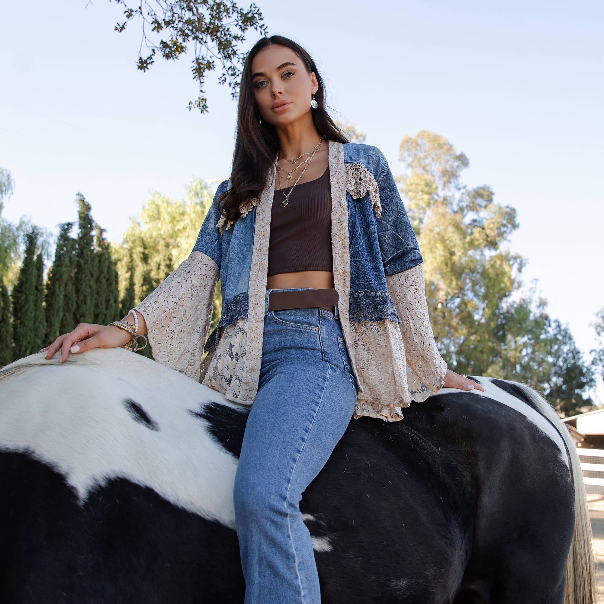 Young Threads - Wholesale Kimono - Women's - Western Boho Lace & Denim Patchwork Kimono Top NEW24