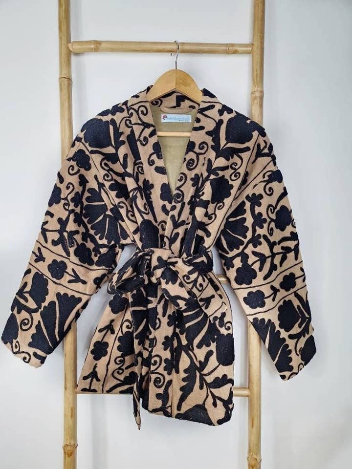 Suzani Hand Embroidered Short Jacket | Autumn Winter Boho Uzbek Kashmir Crewel | Christmas Special Gift | Classic Elegant Sand Beige Black for wholesale by Essential Designs London