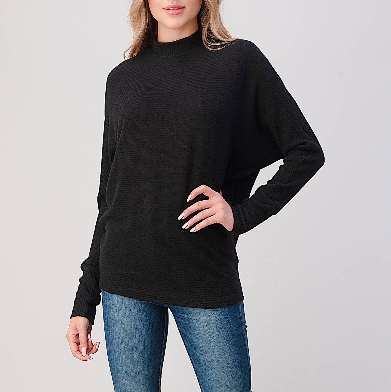 Heimious - Wholesale Knit Top - Women's - Mock Neck Long Dolman Sleeve Ribbed Knit Top, T26152