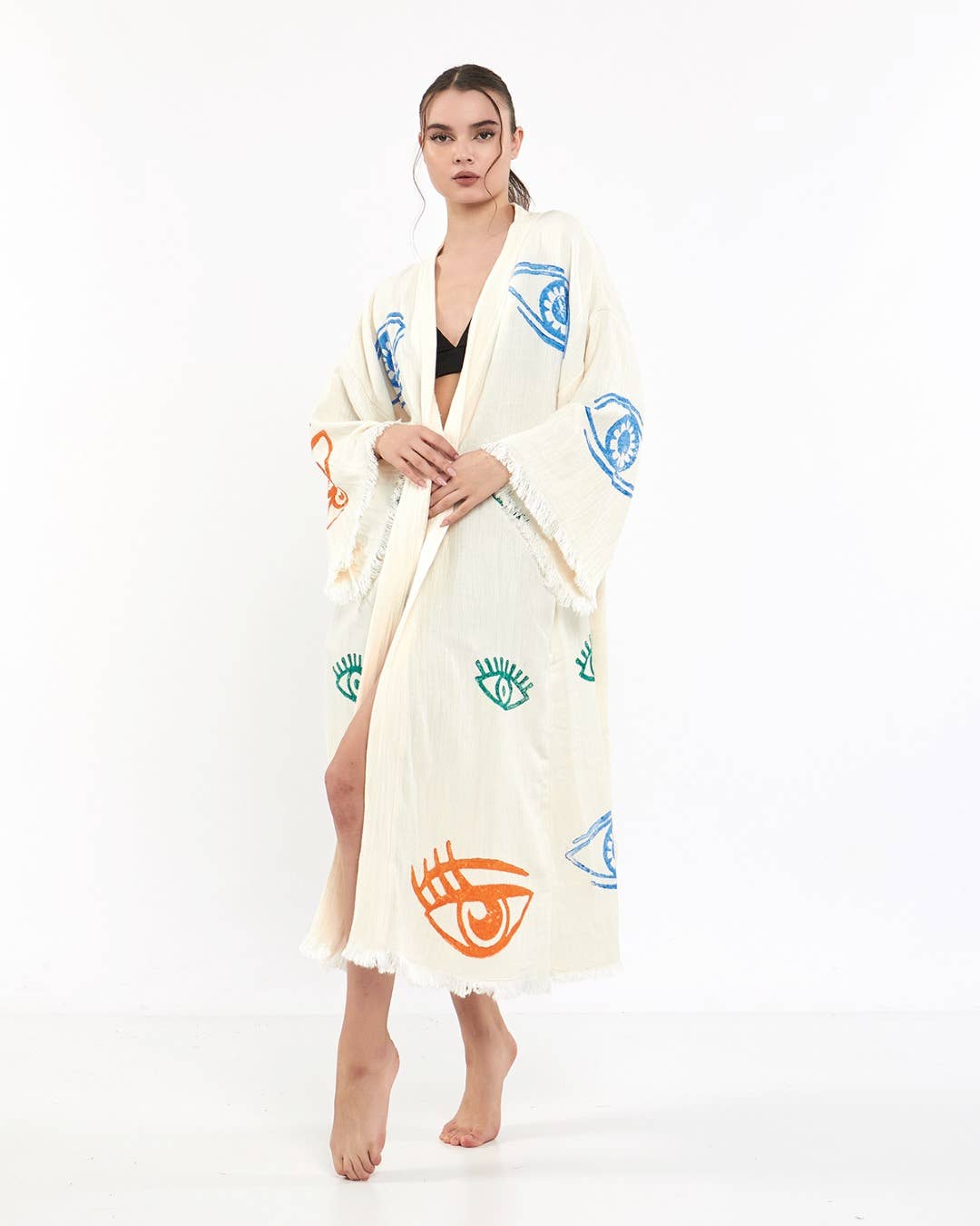 Yaz Concepts - Wholesale Kimono - Women's - Colorful Eye Print Bathrobe Festival Kimono Coverup White  6
