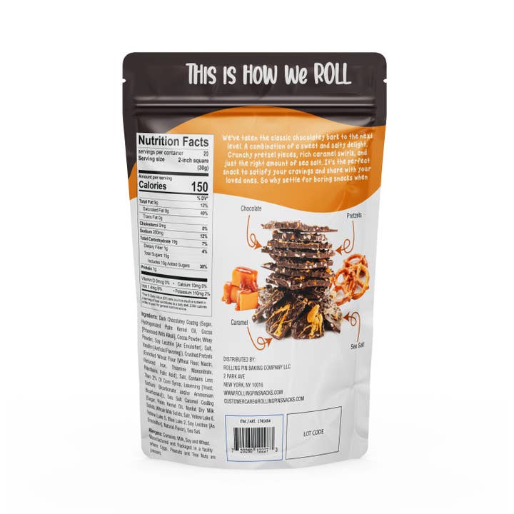 Rolling Pin Co. - Vente Friandises enrobées de chocolat - Écorce de bretzel au caramel et au sel de mer 20 oz