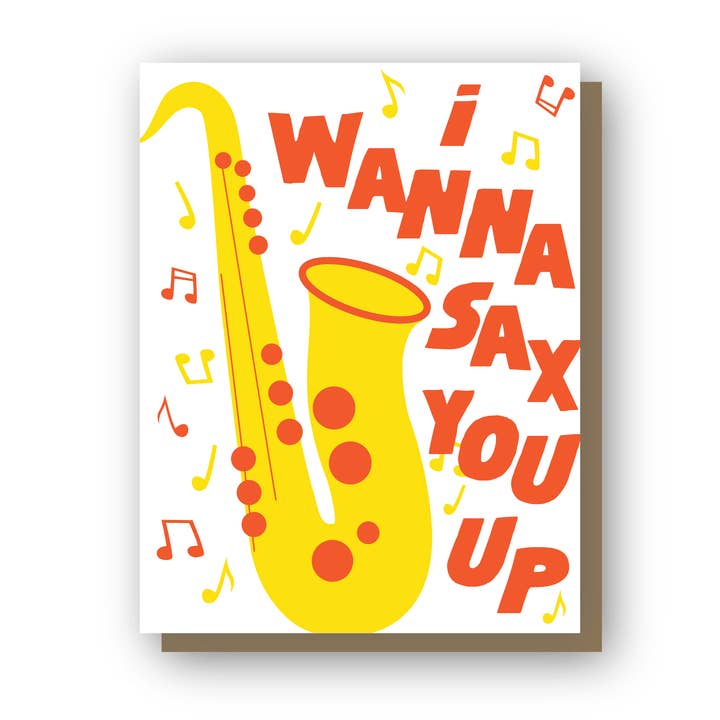 I wanna sax you up, letterpress wenskaart voor wholesale door Wishbone Letterpress