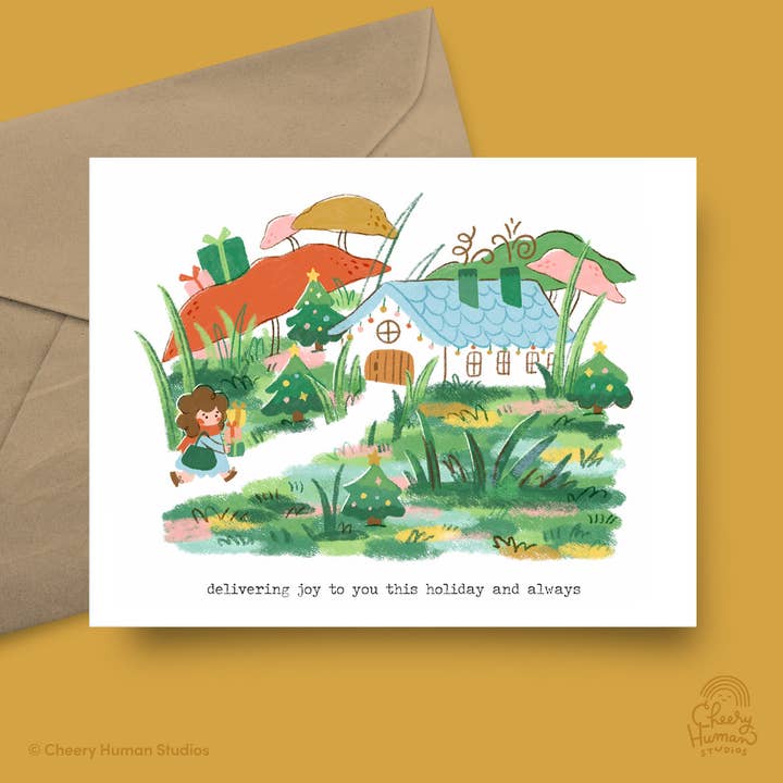 Delivering Joy | Holiday | Cute Mushroom Christmas Card for wholesale by Cheery Human Studios