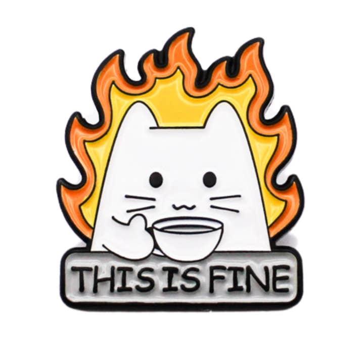 Este es un pin de "This Is Fine". para venta al por mayor de Mystery Dice Goblin