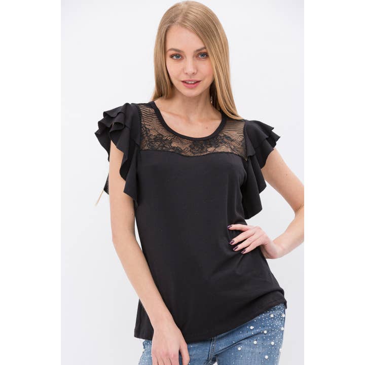 CROCHET LACE YOKE RUFFLE SHORT SLEEVE KNIT BLOUSE for wholesale by VOCAL