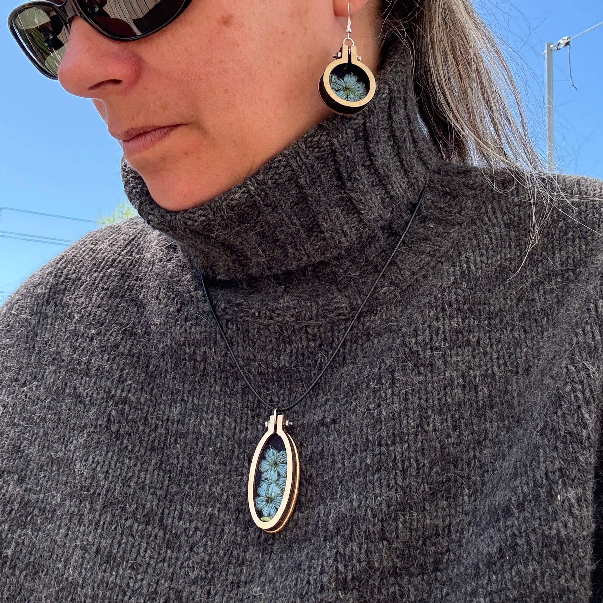 Yarn Revival by NokoKnitCo - Wholesale Dangle Earrings - Blue Flower Embroidered Earrings - Mini Wood Hoops3