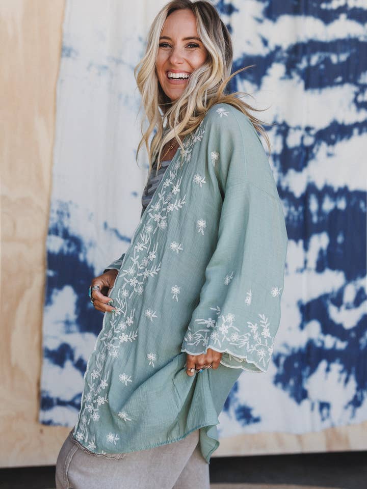 Flower Crowns Embroidered Kimono - Sage for wholesale by Three Bird Nest