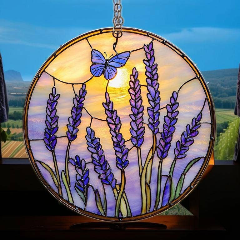 TMLECOM LTD – wholesale Ornament – Lavender Butterfly Suncatcher, Faux Stained Glass Hanging2