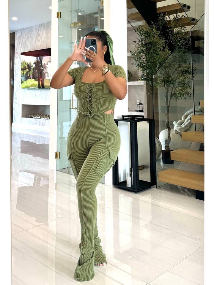 Boswell - Wholesale Top & Pant Set (NOT Loungewear) - Women's - LACE UP DETAIL TOP AND PANTS SET2