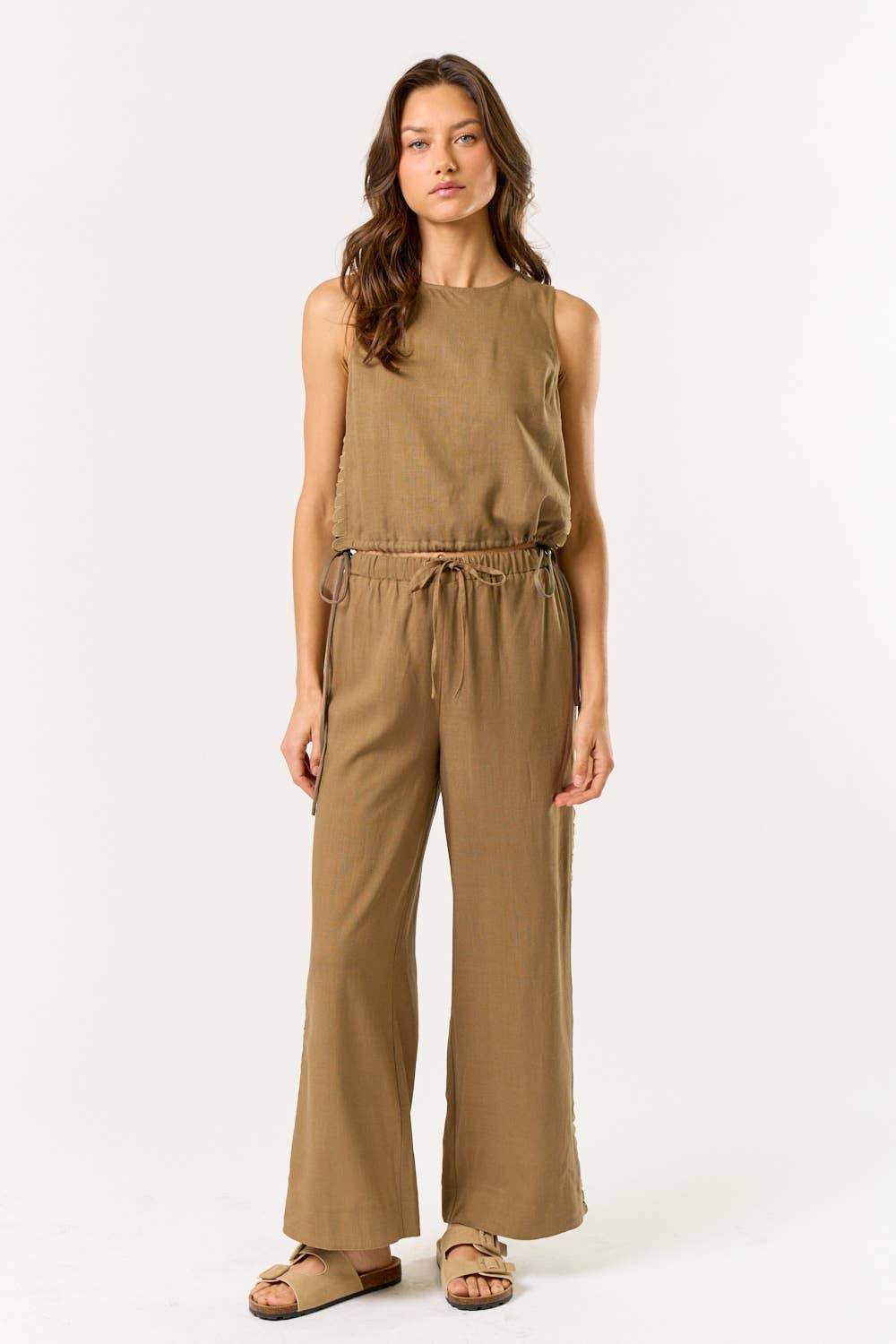 Lalavon - Wholesale Blouse - Women's - Linen Crop Top With Side Diamond Cut Out3