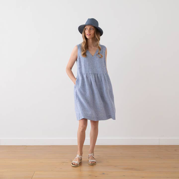 LinenMe - Wholesale Dress - Women's - Linen Dress Medium Stripe Blue Charlotte