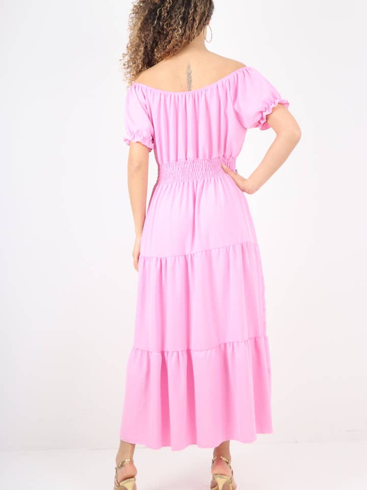 Miss Bold - Wholesale Dress - Women's - Italian Shirred Waist Button detailed Puffed Sleeve Maxi dress5