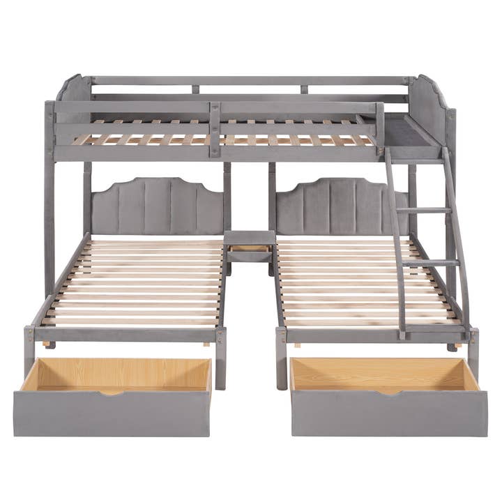 HomeRoots - Wholesale Bed - Gray Full Over Two Twins Solid Wood Bunk Bed With Drawers And Storage