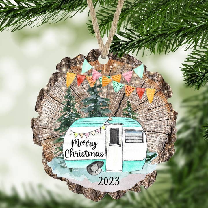 SHY Designs, LLC - Wholesale Ornament - Merry Christmas 2025 Camper Ornament Wood Slice Shape