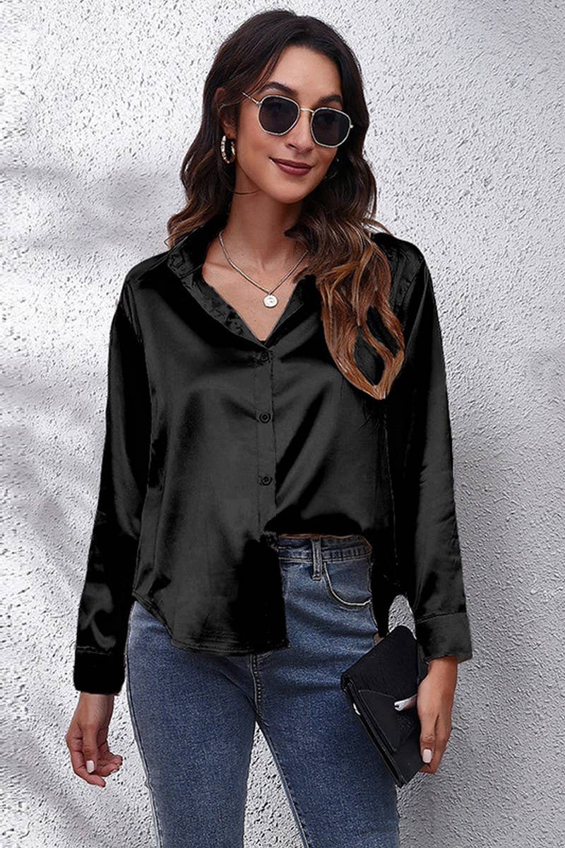 NINEXIS - Wholesale Button Down Shirt - Women's - CWTBLL0691_Button Down Silky Satin Long Sleeve Top6