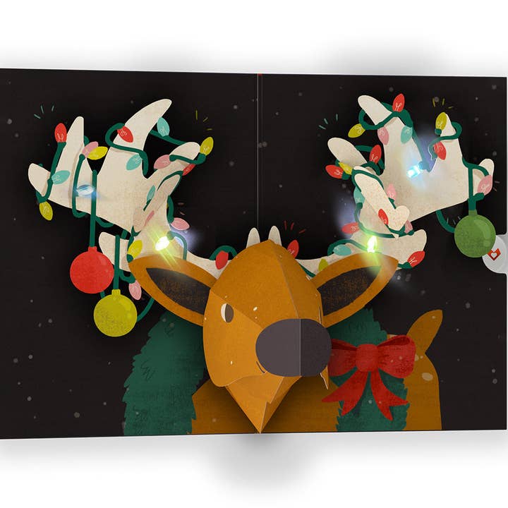 Lovepop Cards - Wholesale Everyday Greeting Card - All Is Bright Holiday Reindeer Light-Up Pop-Up Card 5x7"4