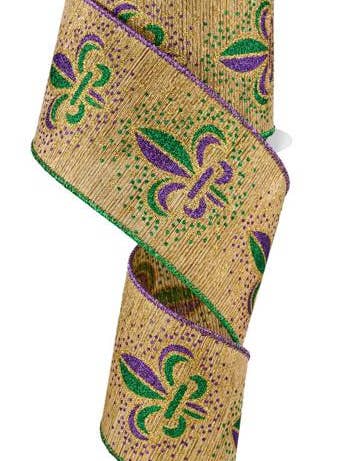 2.5"X10YD GLITTER FLEUR DE LIS/MET ANT DARK GOLD/MARDI GRAS for wholesale by Waterman's Loft Inc.